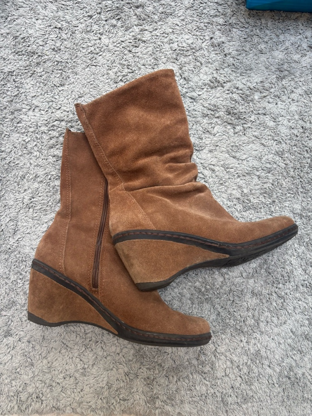 Women's Brown Suede Wedge Boots - Stylish Zip Mid-Calf